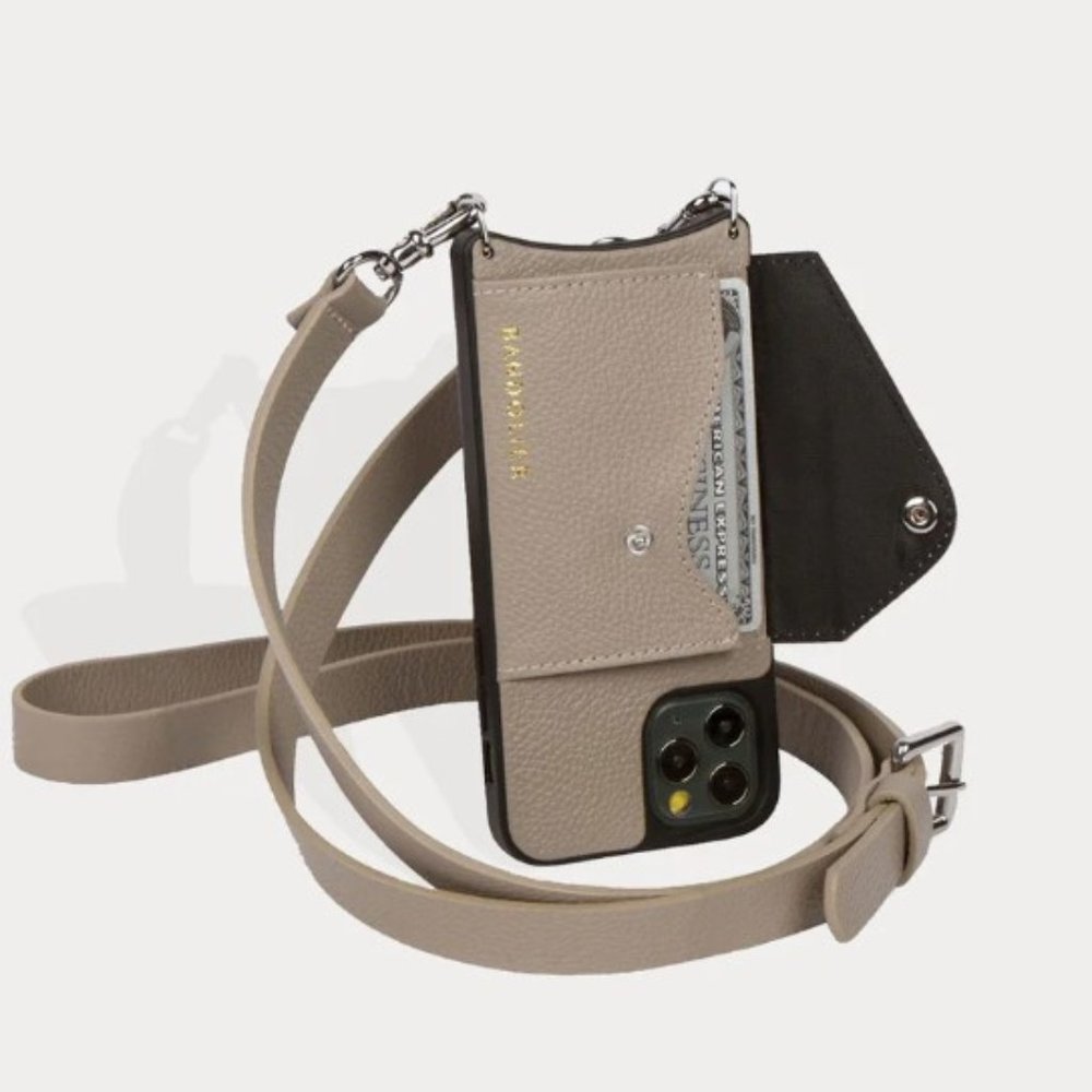 HAILEY Side Slot Leather Crossbody Bandolier in Greige/Silver (12 Pro Max)